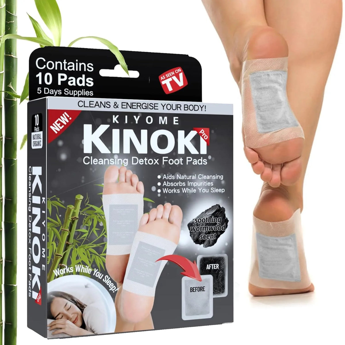 Kinoki Deep Cleaning Bamboo Charcoal Foot Patches (10 Pcs) | Herbal Overnight Foot Care & Relaxation Pads