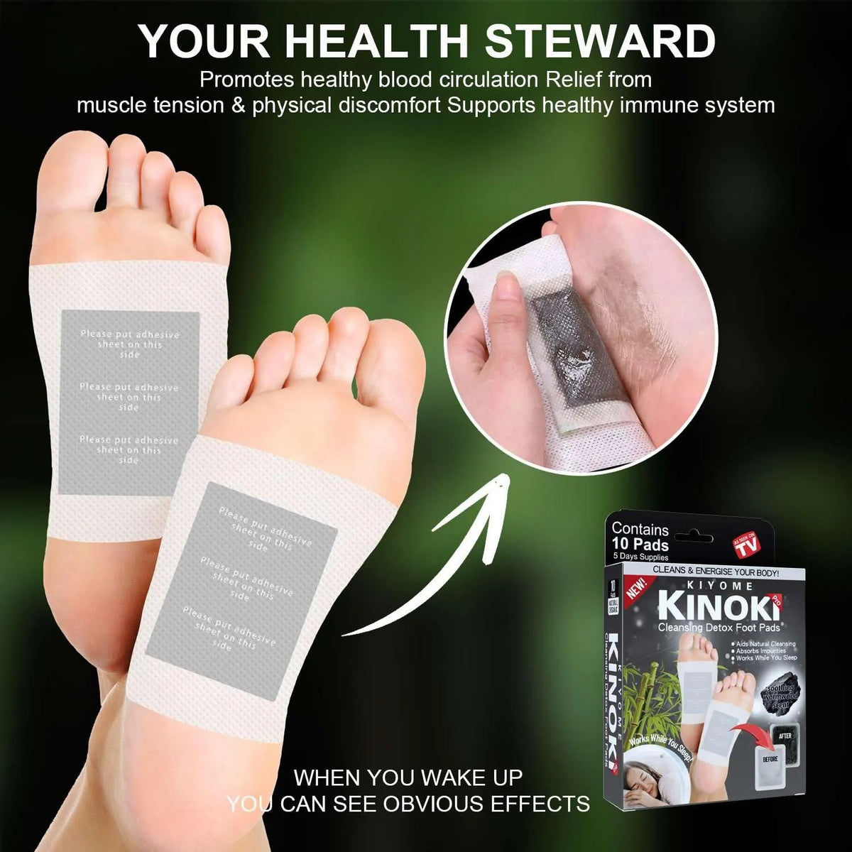 Kinoki Deep Cleaning Bamboo Charcoal Foot Patches (10 Pcs) | Herbal Overnight Foot Care & Relaxation Pads