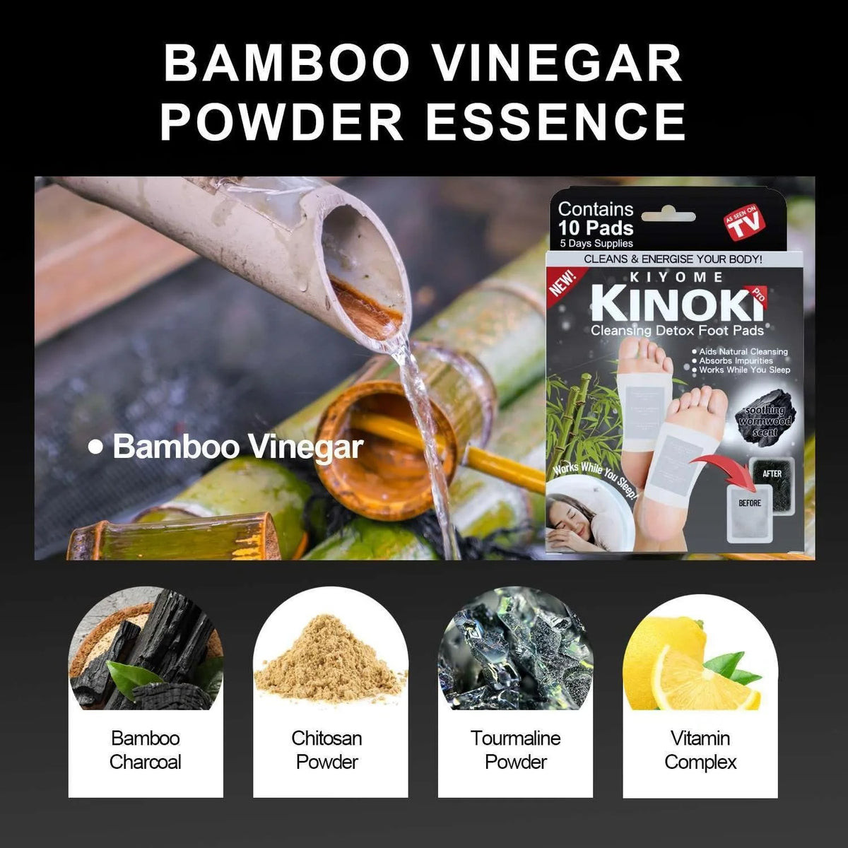 Kinoki Deep Cleaning Bamboo Charcoal Foot Patches (10 Pcs) | Herbal Overnight Foot Care & Relaxation Pads