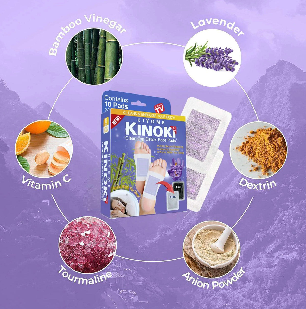Kinoki Lavender Foot Pads (10 Pcs) | Bamboo Vinegar Herbal Overnight Foot Care & Relaxation Patches