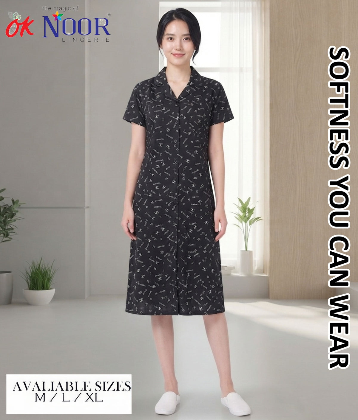 Women's Black Printed Short Night Dress