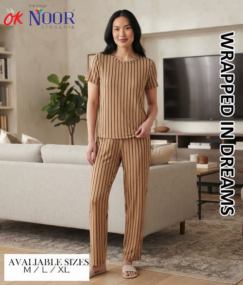 Women's Brown Striped 2 Piece Pajama Set