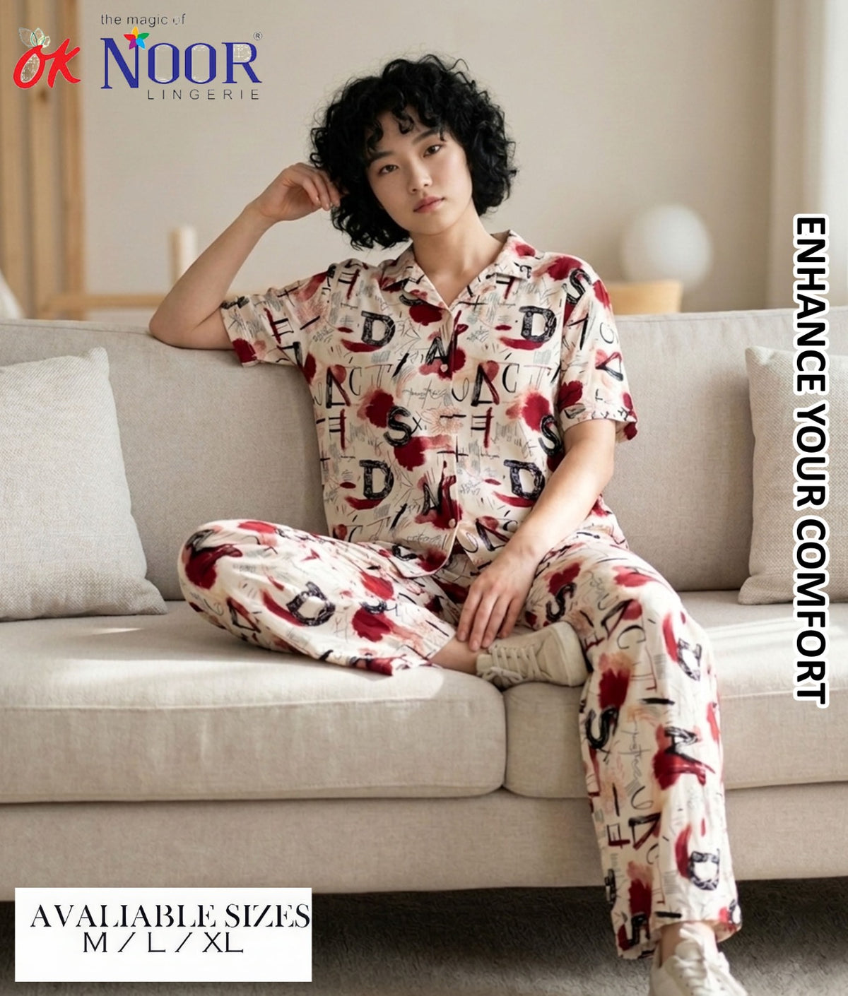 Women's Cream Cartoon Printed 2 Piece Pajama Set