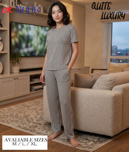 Women's Grey Striped 2 Piece Pajama Set