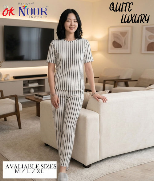 Women's Grey White Striped 2 Piece Pajama Set