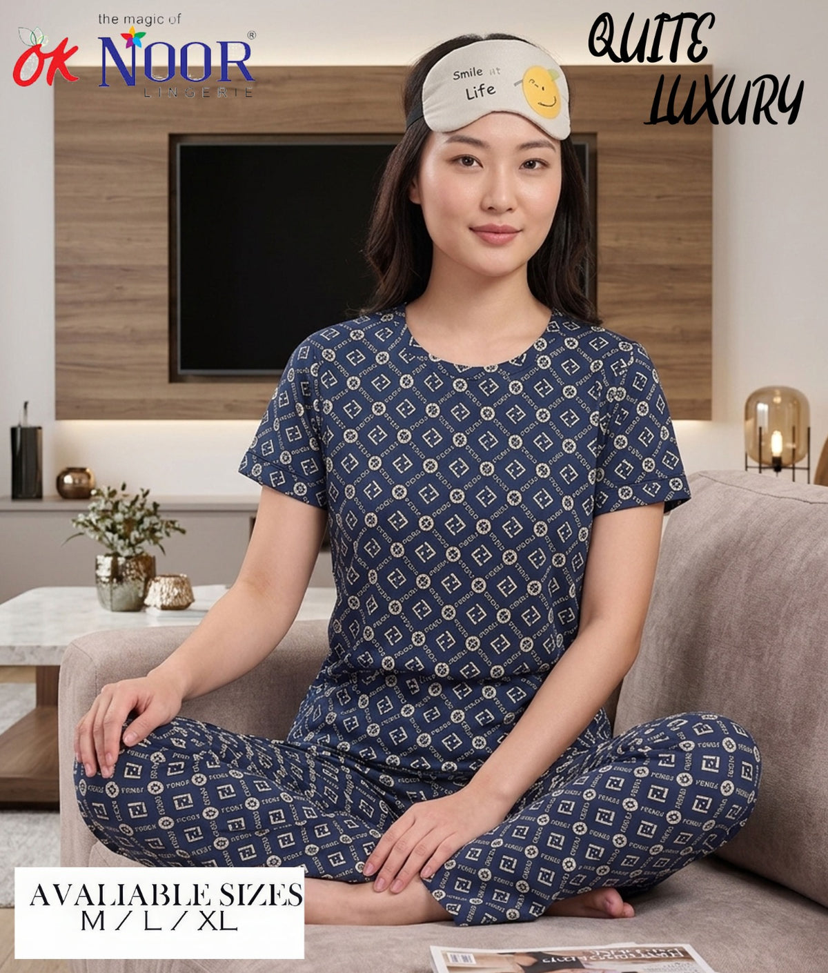 Women's Navy Printed Short Night Suit