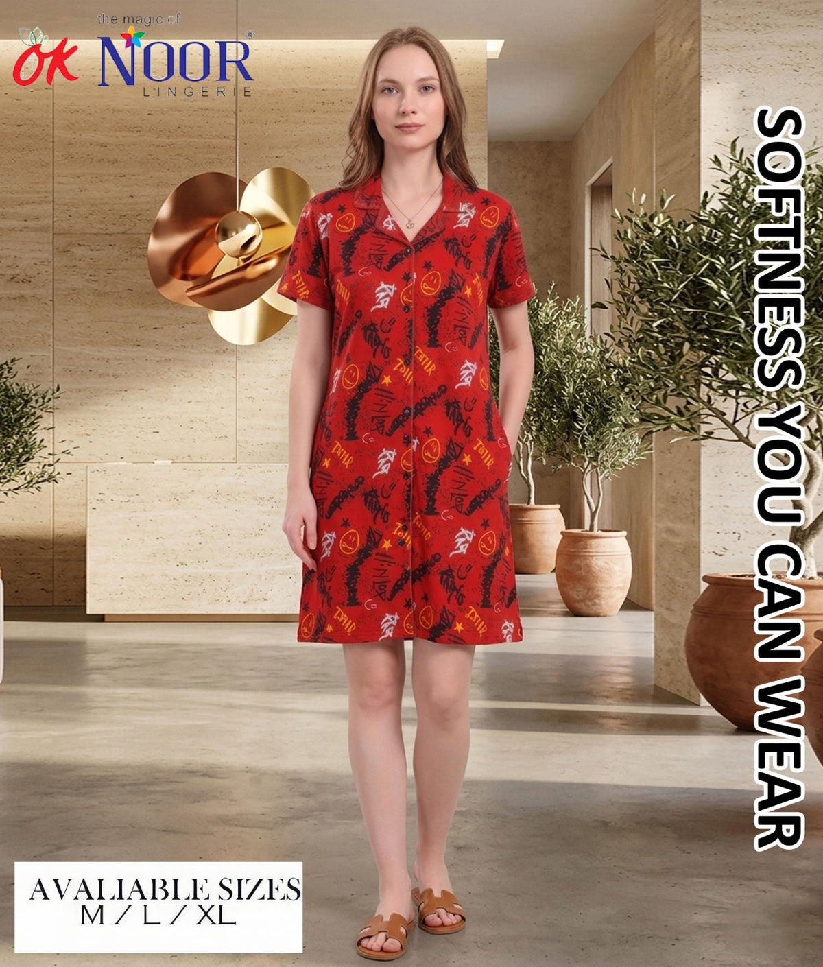 Women's Red Printed Short Night Suit